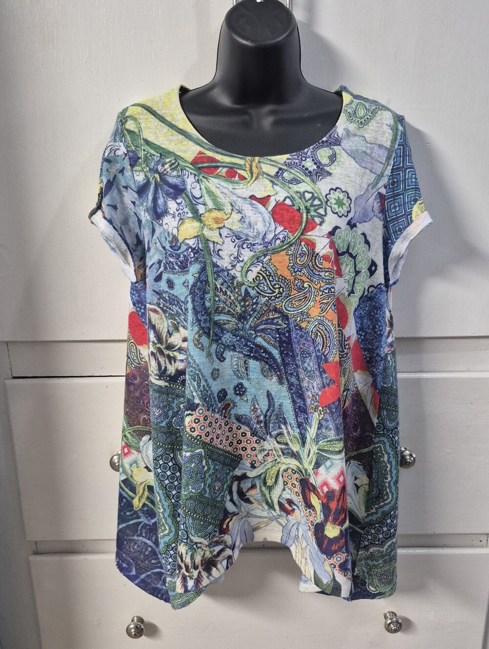 Chico’s Mixed Floral Paisley Patchwork Tunic Top Women’s Small Short Sleeve